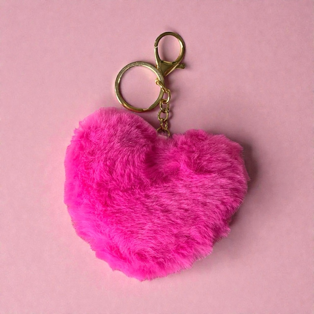 Plush Heart-shaped Keychain Bag Charm in Fushia Pink Faux Fur - Picture 5 of 6